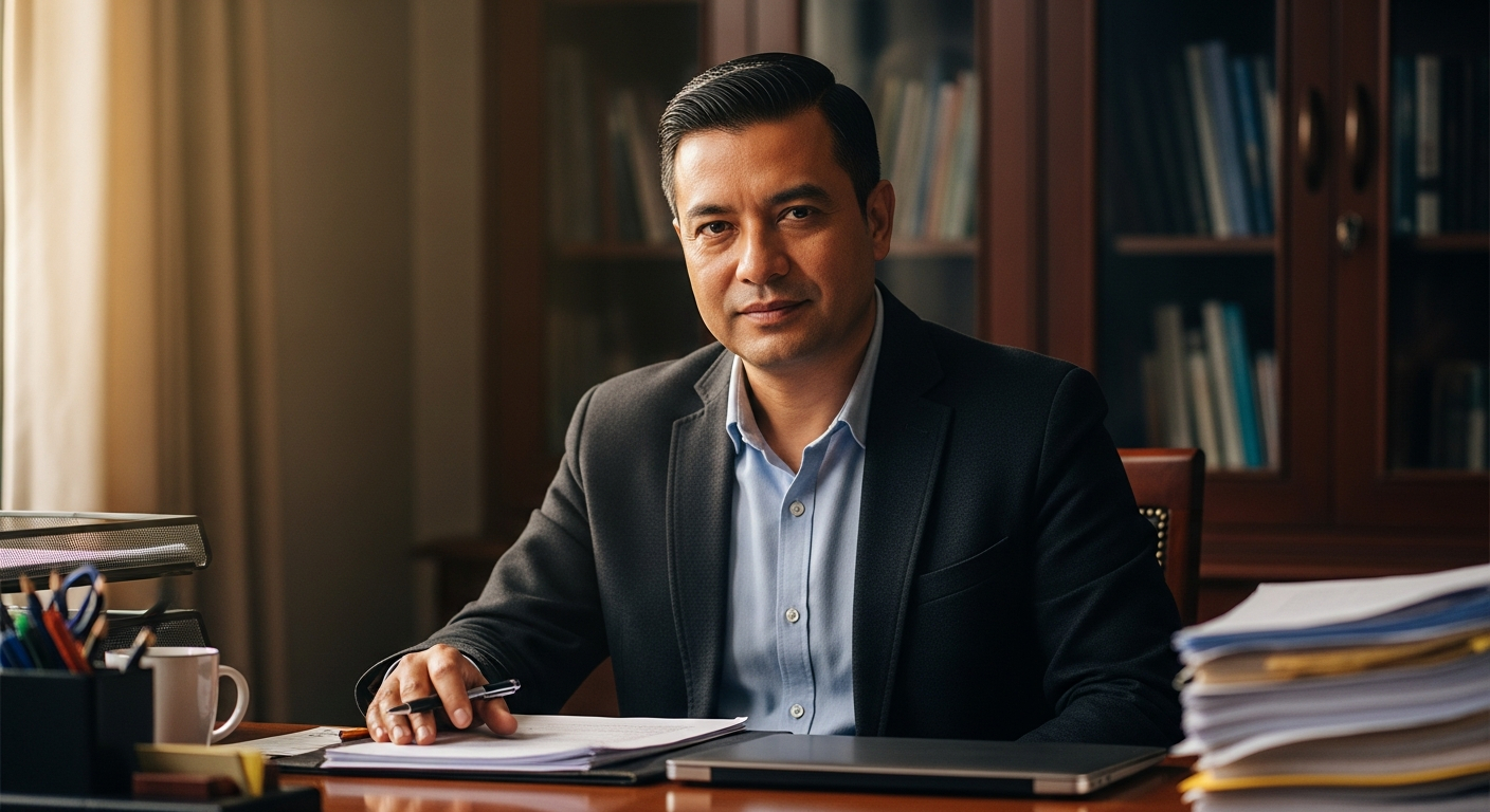 AI_IMAGE: Nepali man in his early 40s wearing a neat button-down shirt and blazer, thoughtful expression, sitting at a desk with papers and a pen, warm office lighting with bookshelves visible behind, professional institutional portrait | photorealistic | portrait 3:4