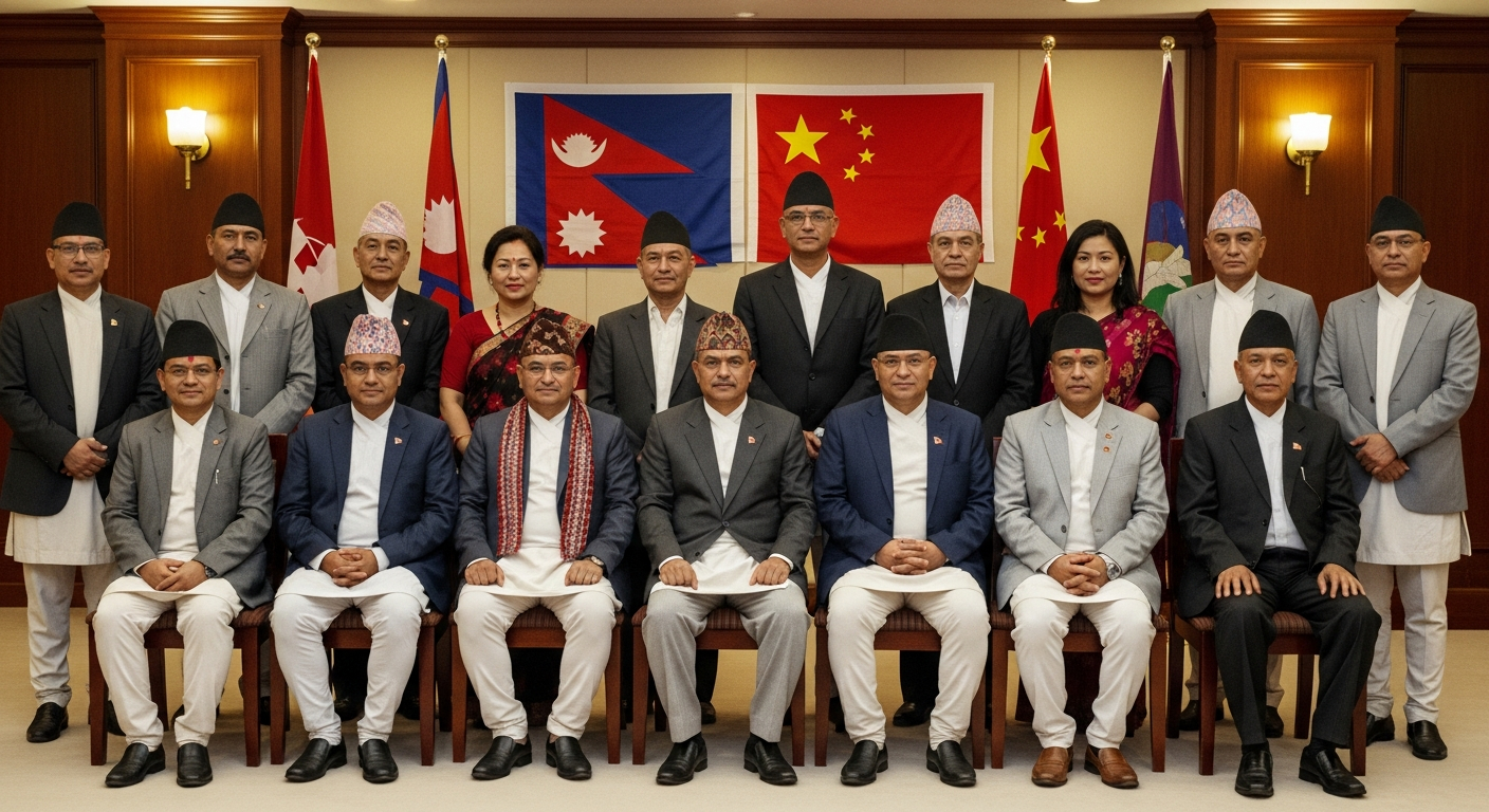 AI_IMAGE: Formal group photograph of approximately fifteen South Asian men and women in traditional Nepali formal attire standing in two rows before a diplomatic conference room backdrop with Nepal and China flags, warm indoor lighting, institutional setting, early 2000s era | photorealistic | landscape