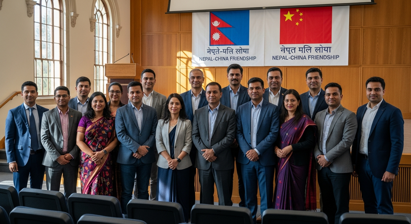 AI_IMAGE: Formal group photograph of approximately twelve South Asian men and women in professional attire standing together in a university auditorium decorated with Nepal and China friendship banners, natural daylight from tall windows, institutional warmth | photorealistic | landscape