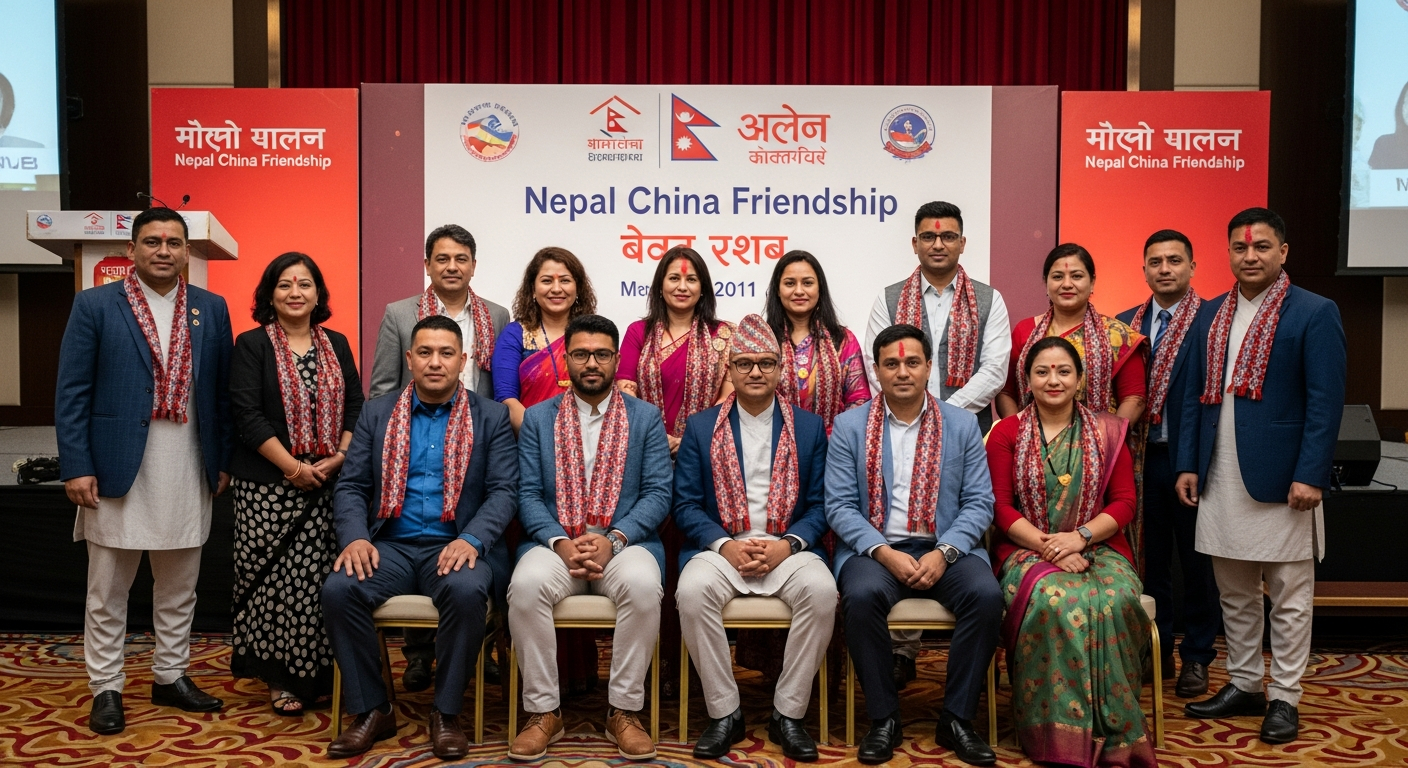 AI_IMAGE: Formal group photograph of approximately fourteen South Asian professionals in semi-formal attire seated and standing in two rows before a stage decorated with red and gold banners reading Nepal China Friendship, indoor event hall, warm tungsten lighting | photorealistic | landscape