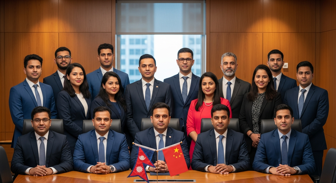 AI_IMAGE: Formal group photograph of approximately sixteen South Asian professionals in business formal attire arranged in two rows, modern conference room with wood paneling, Nepal and China miniature flags on the table in foreground, warm professional lighting, contemporary institutional setting | photorealistic | landscape