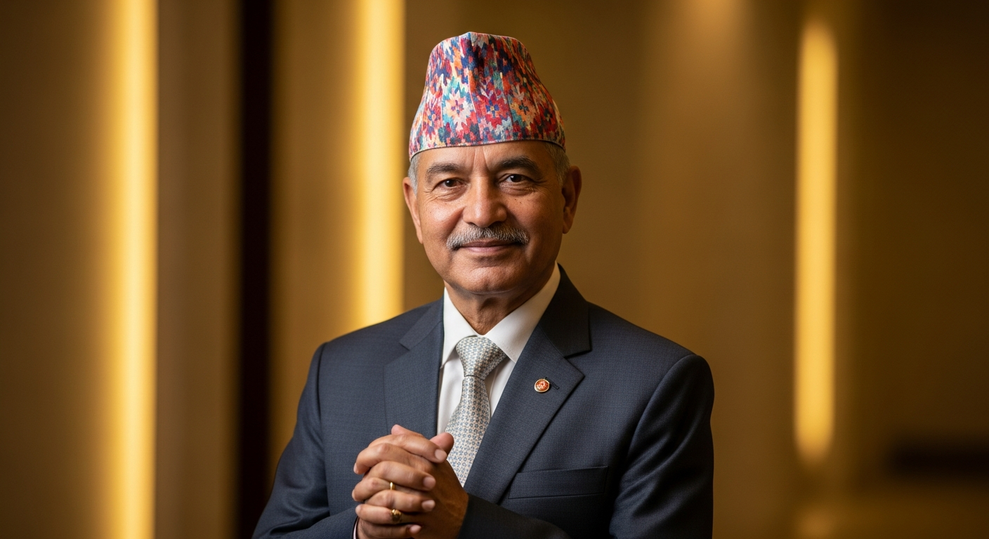 AI_IMAGE: Distinguished Nepali man in his late 50s wearing a formal dark suit and traditional Dhaka topi cap, standing confidently with arms clasped in front, warm neutral background with subtle gold-toned lighting, dignified portrait for institutional leadership page | photorealistic | portrait 3:4